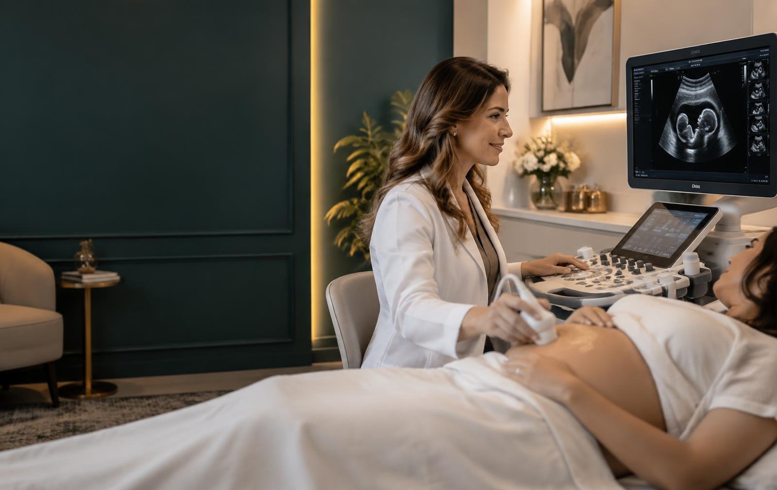 Médica realizando exame de ultrassom